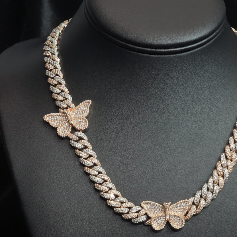 Silver Moissanite Two Tone Butterfly Cuban Necklace at Flawless Jewelry