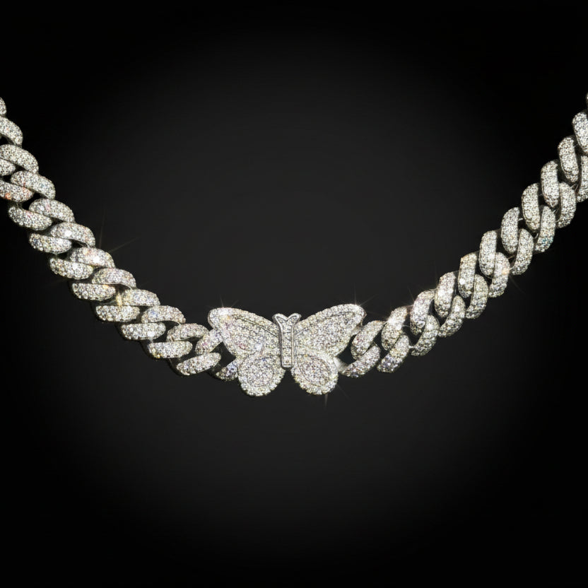 Silver Moissanite Butterfly Cuban Necklace at Flawless Jewelry