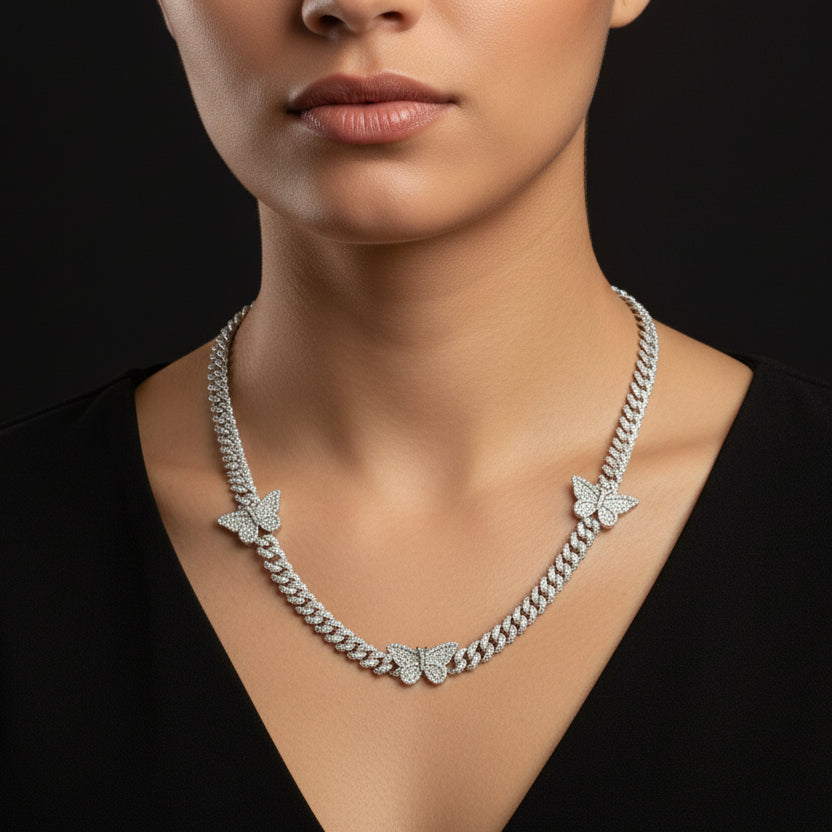 Silver Moissanite Butterfly Cuban Necklace at Flawless Jewelry
