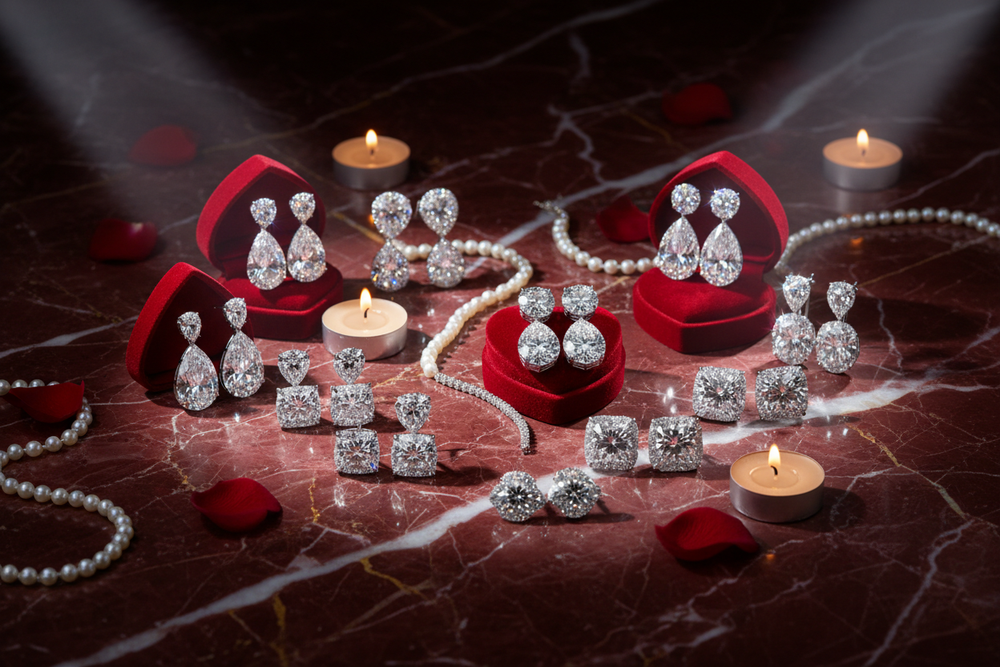 Collection of diamond earrings on a valentines theme red marble and spotlight on the collection