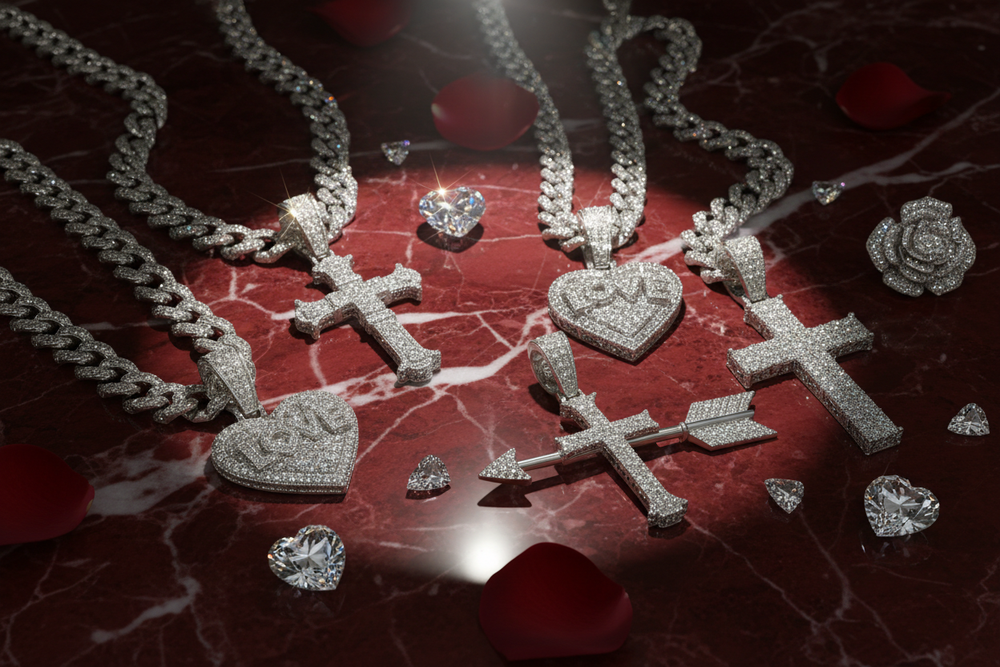 Collections of diamond hiphop pendants on a valentines theme red marble and spotlight on the collection