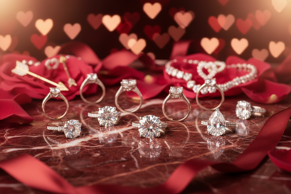 Collections of diamond rings on a valentines theme red marble and spotlight on the collection