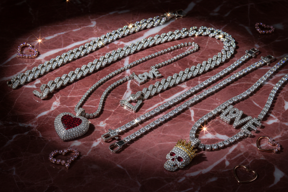 Collections of hip hop diamond chains on a valentines theme red marble 