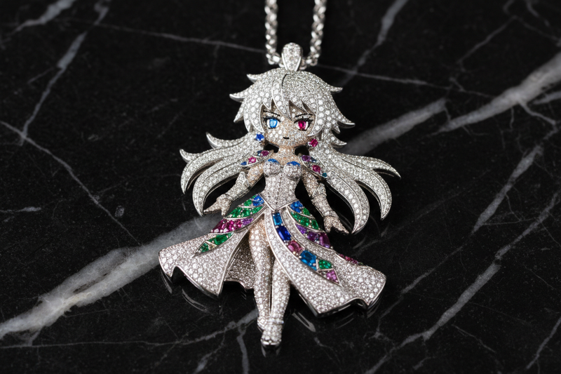 Diamond Anime character pendant with black marble background