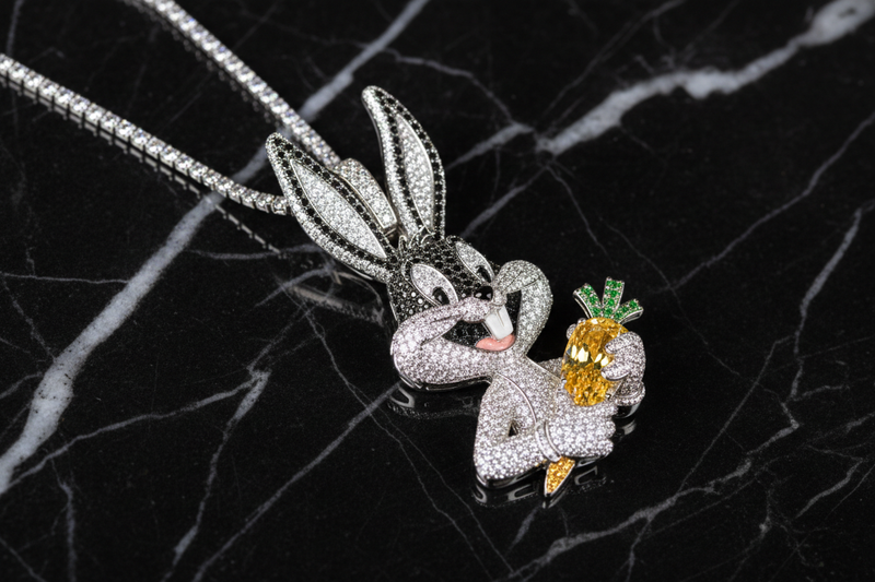 Diamond Bugs Bunny pendant on a black marble 