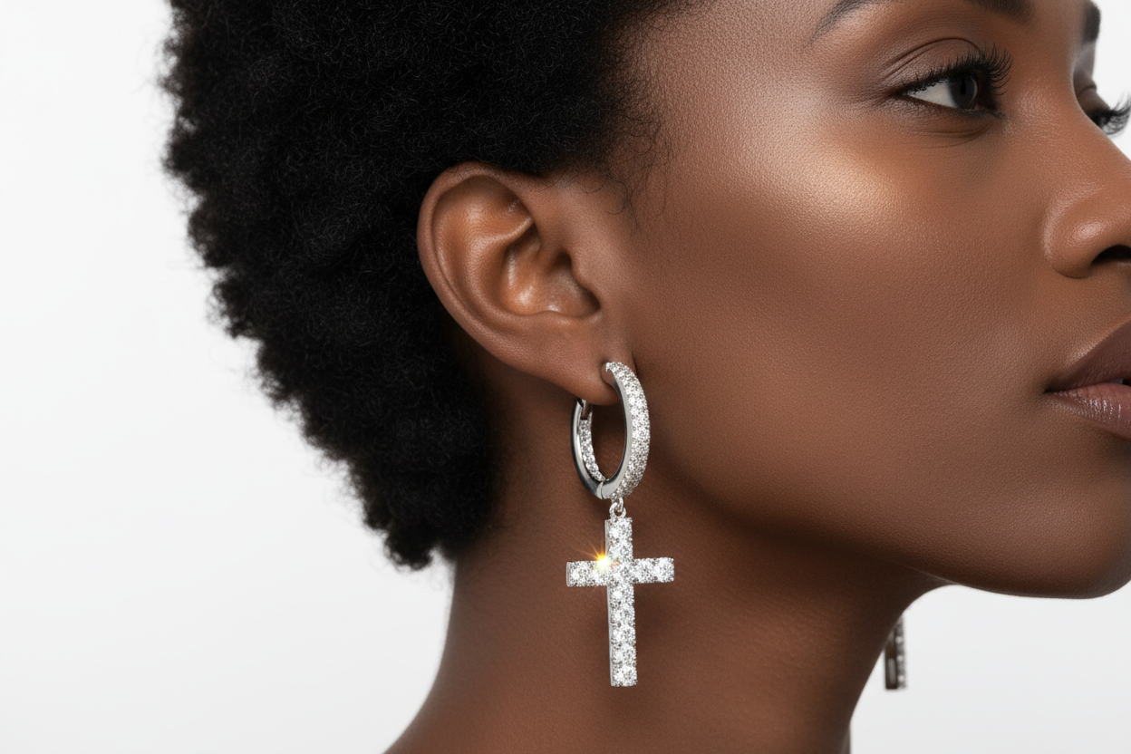 diamond cross hoop earrings worn on black person. white background