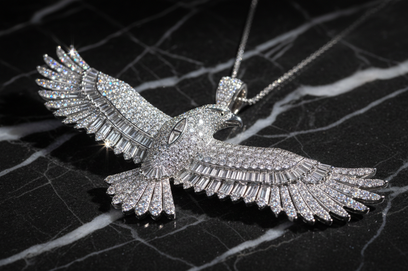 Diamond eagle pendant with black marble background