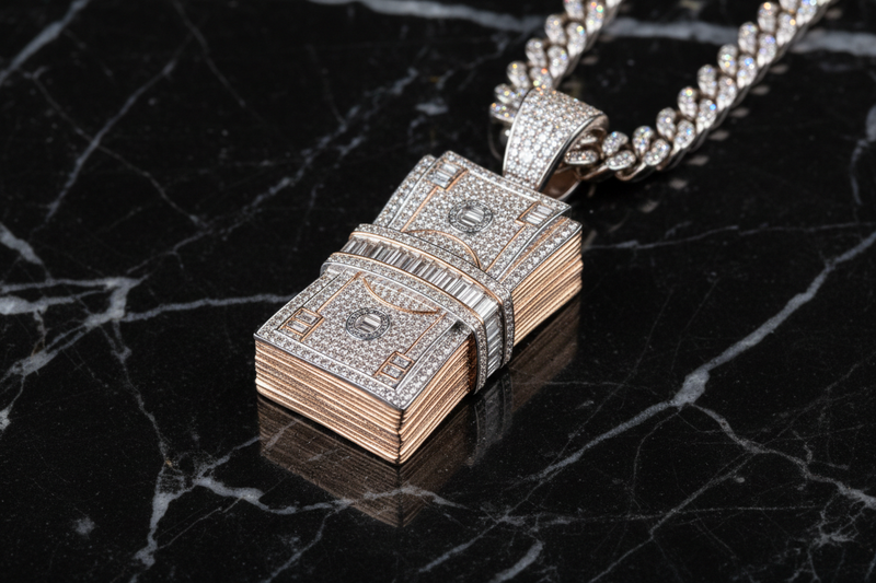 Diamond money stack pendant with black marble background