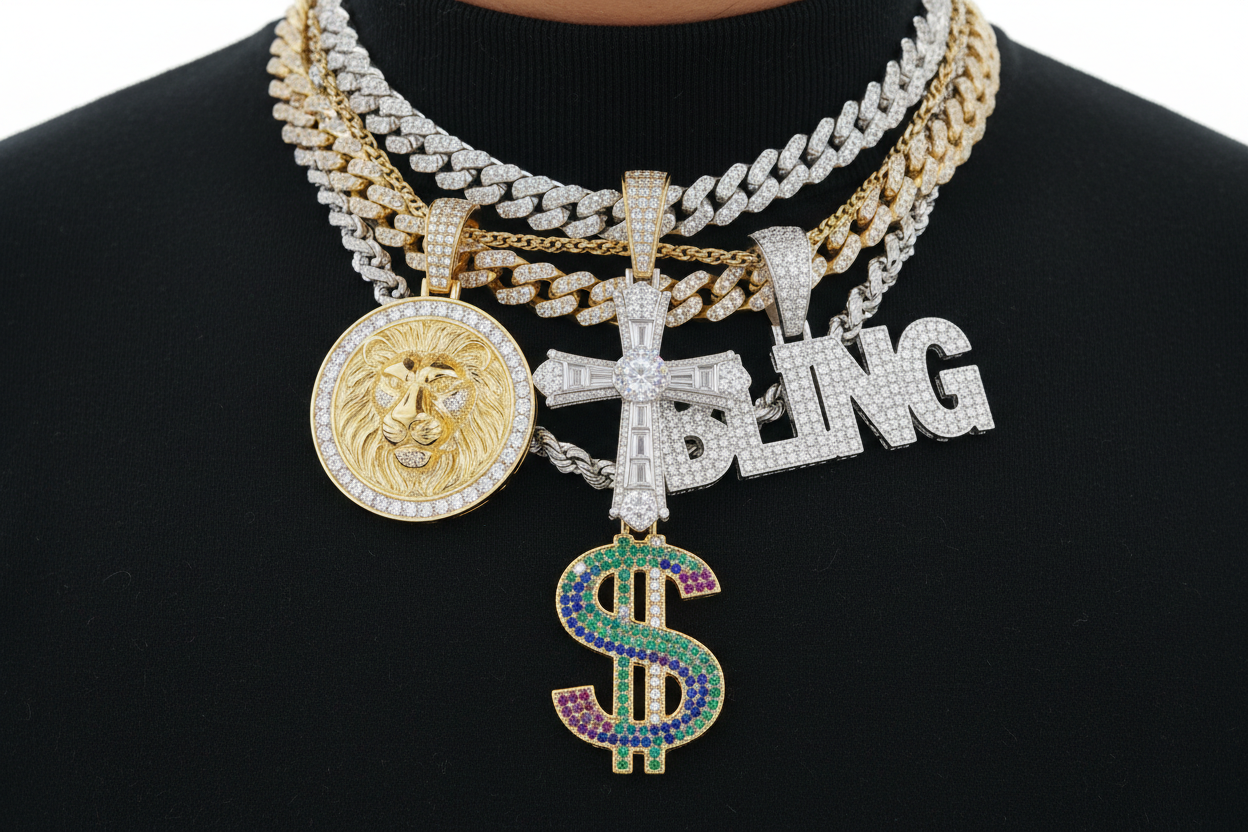 Multiple diamond hiphop pendants worn on neck. white background
