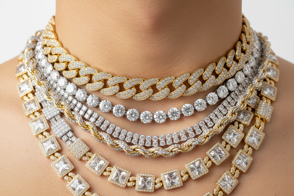 multiple diamond style hiphop chains worn on neck. white background