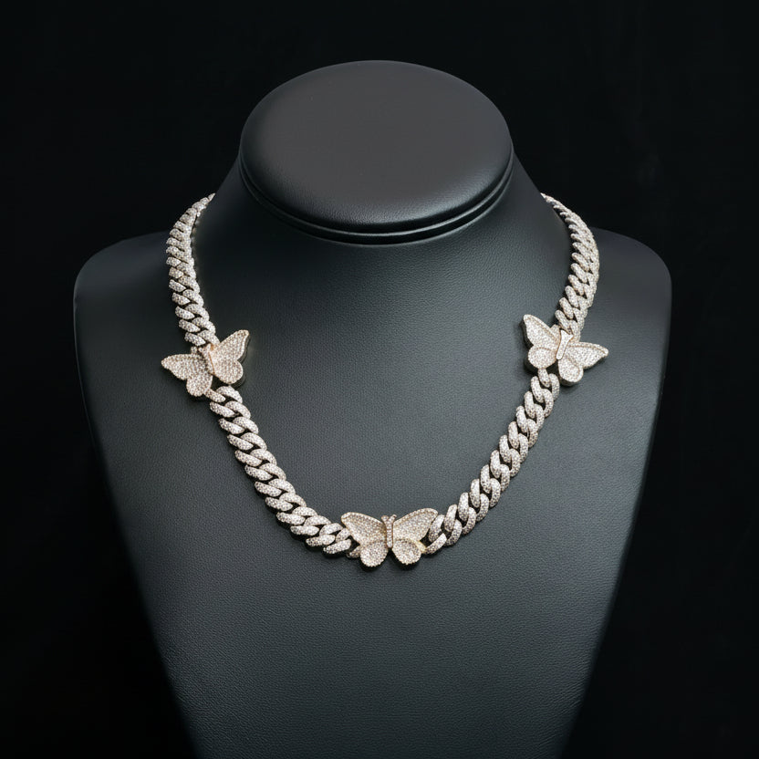 Silver Moissanite Two Tone Butterfly Cuban Necklace at Flawless Jewelry