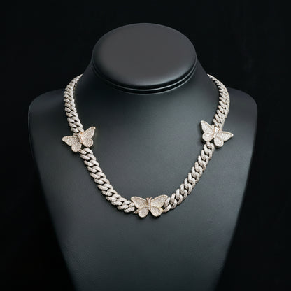 Silver Moissanite Two Tone Butterfly Cuban Necklace at Flawless Jewelry