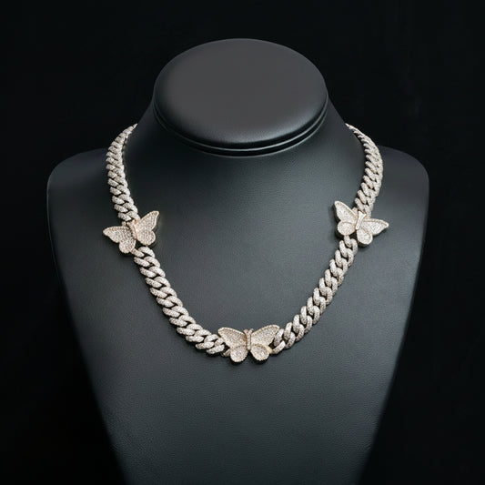 Silver Moissanite Two Tone Butterfly Cuban Necklace at Flawless Jewelry
