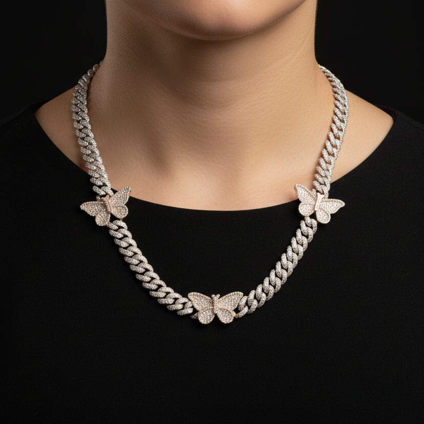 Silver Moissanite Two Tone Butterfly Cuban Necklace at Flawless Jewelry