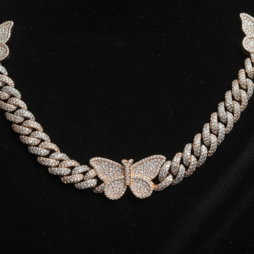 Silver Moissanite Two Tone Butterfly Cuban Necklace at Flawless Jewelry