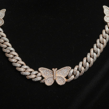 Silver Moissanite Two Tone Butterfly Cuban Necklace at Flawless Jewelry