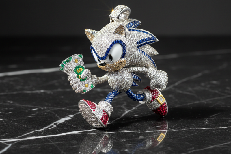sonic running with cash Diamond pendant on black marble 